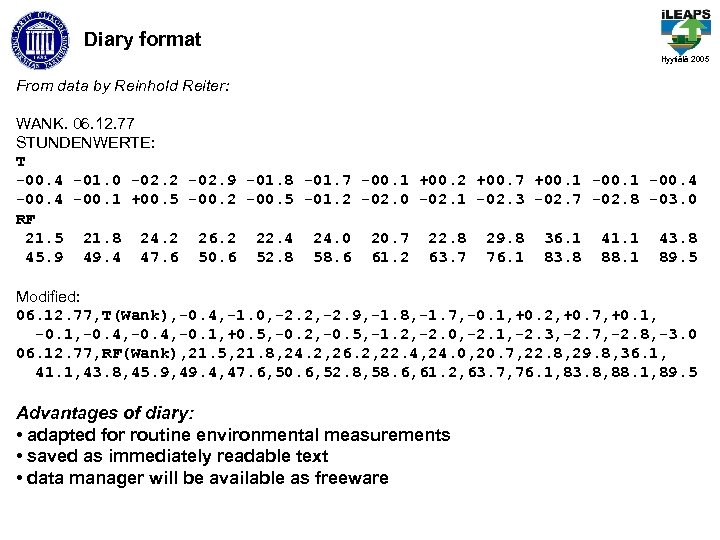 Diary format Hyytiälä 2005 From data by Reinhold Reiter: WANK. 06. 12. 77 STUNDENWERTE: