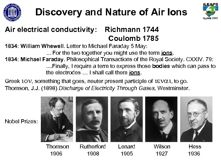 Discovery and Nature of Air Ions Air electrical conductivity: Hyytiälä 2005 Richmann 1744 Coulomb