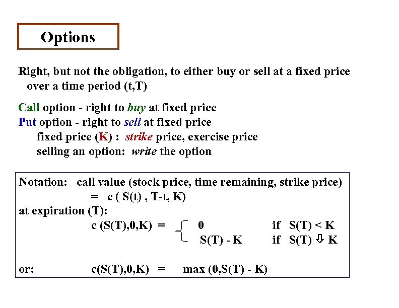 Options Right, but not the obligation, to either buy or sell at a fixed