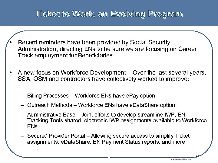 Ticket to Work, an Evolving Program • Recent reminders have been provided by Social