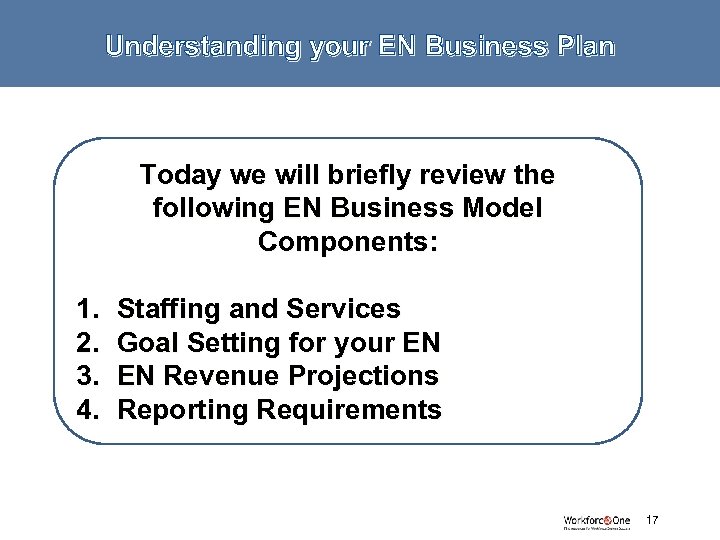 Understanding your EN Business Plan Today we will briefly review the following EN Business