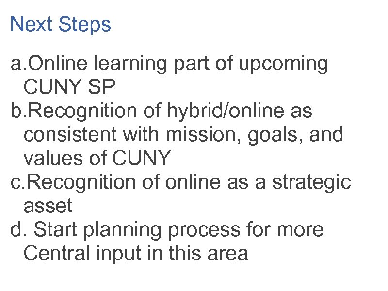 Next Steps a. Online learning part of upcoming CUNY SP b. Recognition of hybrid/online