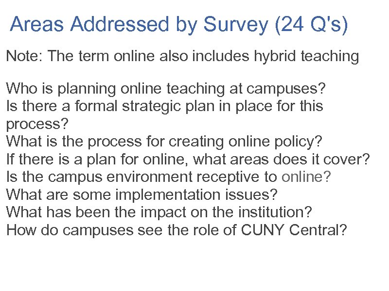 Areas Addressed by Survey (24 Q's) Note: The term online also includes hybrid teaching