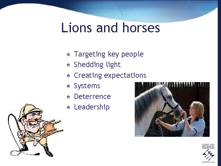 Lions and horses ó ó ó Targeting key people Shedding light Creating expectations Systems