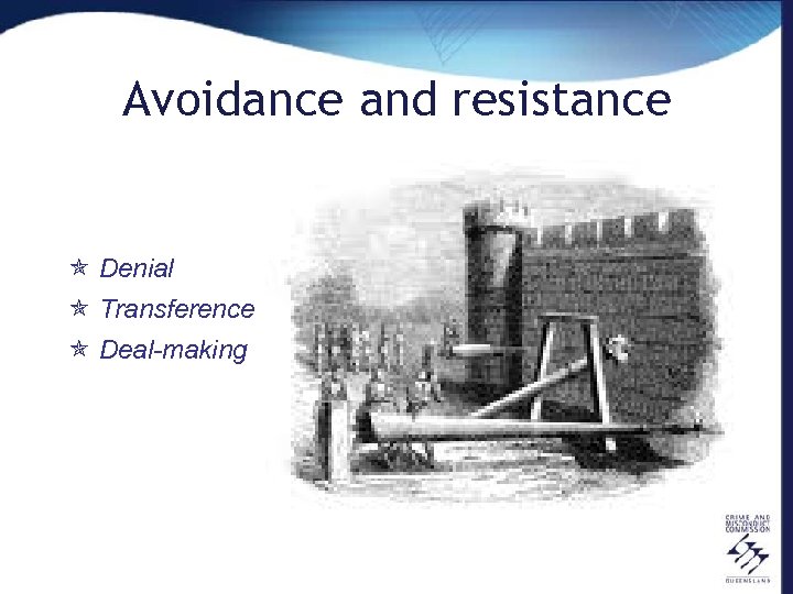 Avoidance and resistance ó Denial ó Transference ó Deal-making 