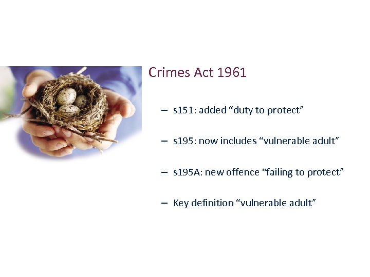 Crimes Act 1961 – s 151: added “duty to protect” – s 195: now