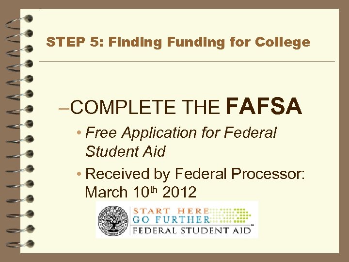 STEP 5: Finding Funding for College –COMPLETE THE FAFSA • Free Application for Federal