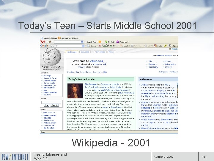 Today’s Teen – Starts Middle School 2001 Wikipedia - 2001 Teens, Libraries and Web