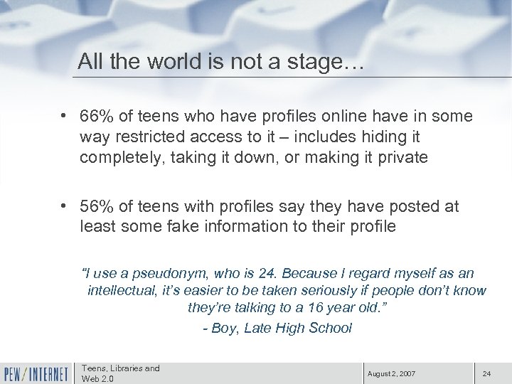 All the world is not a stage… • 66% of teens who have profiles