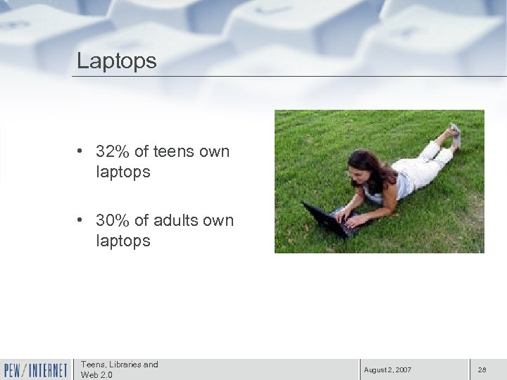 Laptops • 32% of teens own laptops • 30% of adults own laptops Teens,