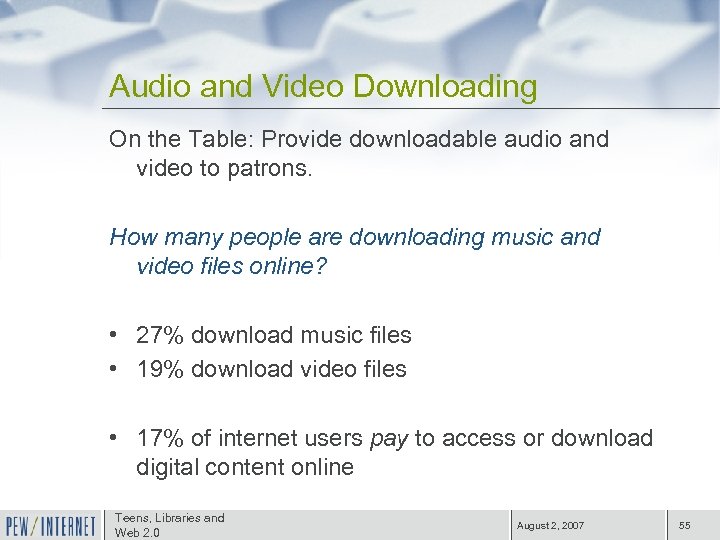 Audio and Video Downloading On the Table: Provide downloadable audio and video to patrons.