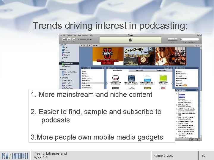 Trends driving interest in podcasting: 1. More mainstream and niche content 2. Easier to