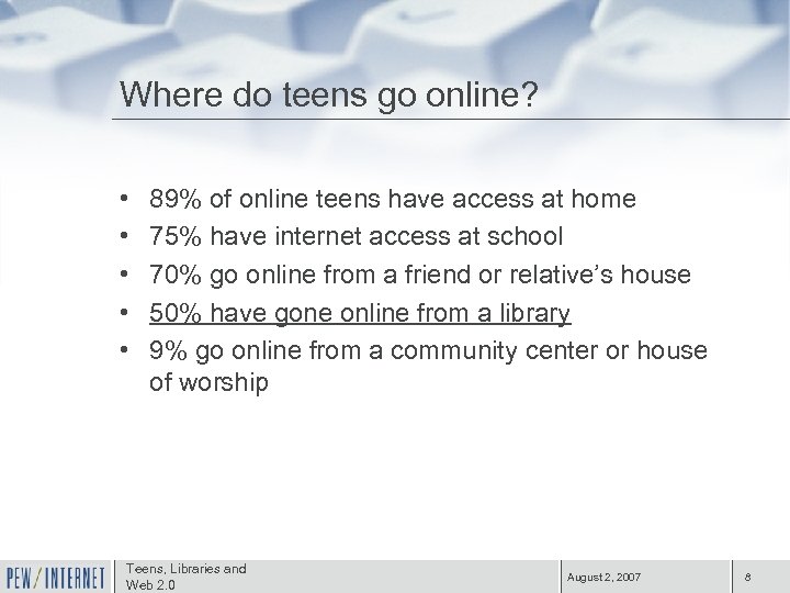 Where do teens go online? • • • 89% of online teens have access