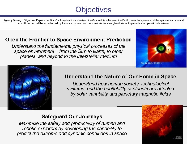 Objectives Agency Strategic Objective: Explore the Sun-Earth system to understand the Sun and its