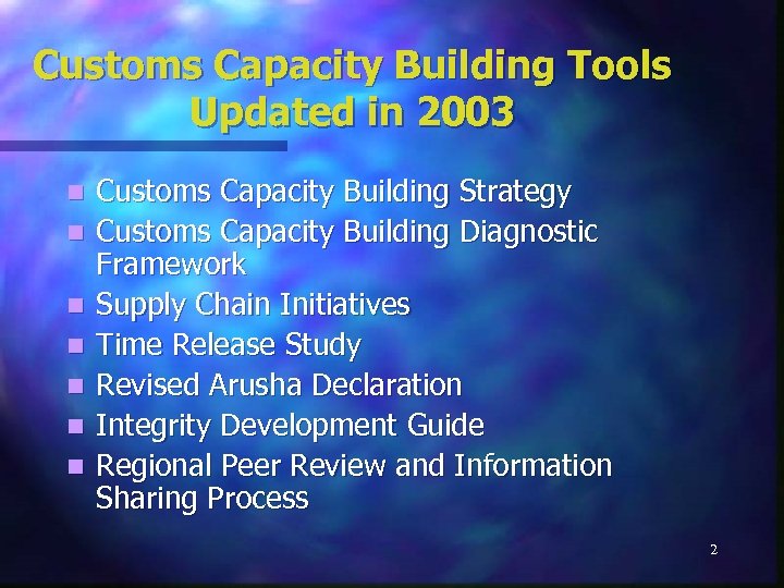 Customs Capacity Building Tools Updated in 2003 n n n n Customs Capacity Building