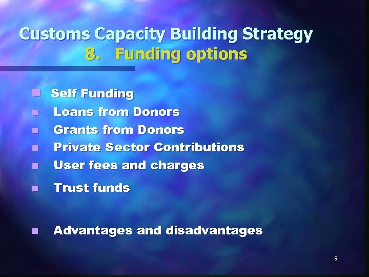 Customs Capacity Building Strategy 8. Funding options n Self Funding n Loans from Donors