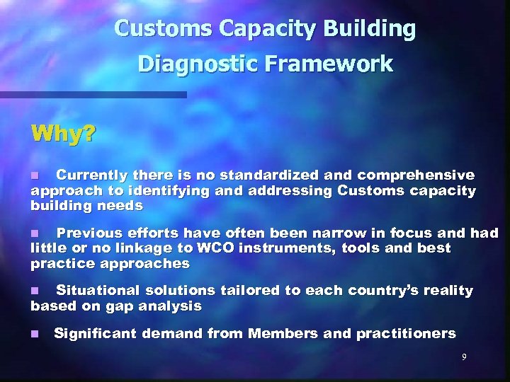 Customs Capacity Building Diagnostic Framework Why? Currently there is no standardized and comprehensive approach