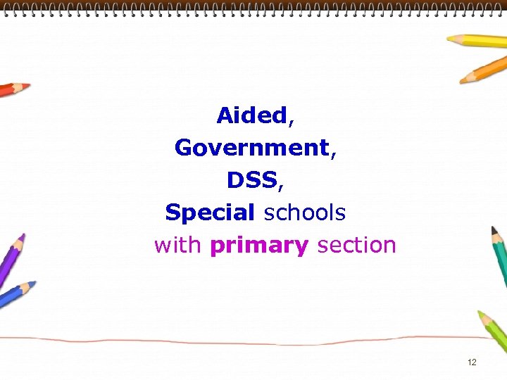 Aided, Government, DSS, Special schools with primary section 12 