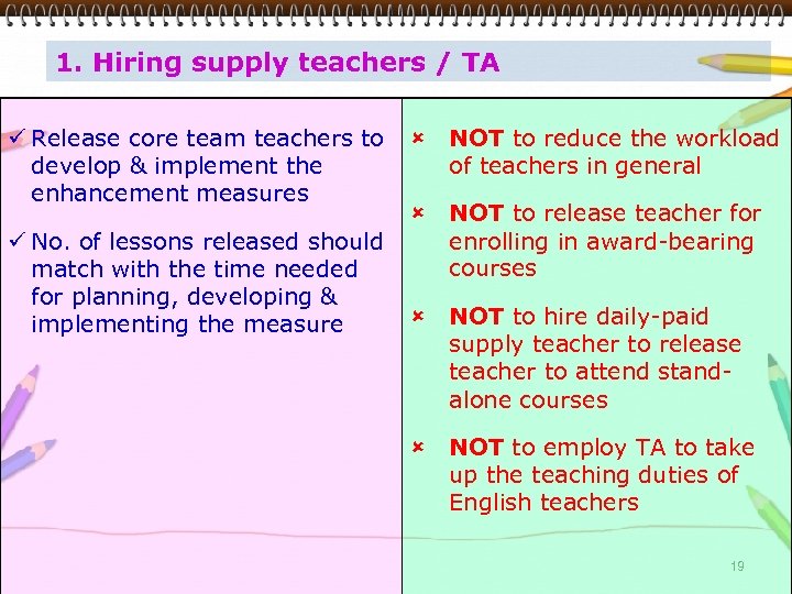 1. Hiring supply teachers / TA Release core team teachers to develop & implement