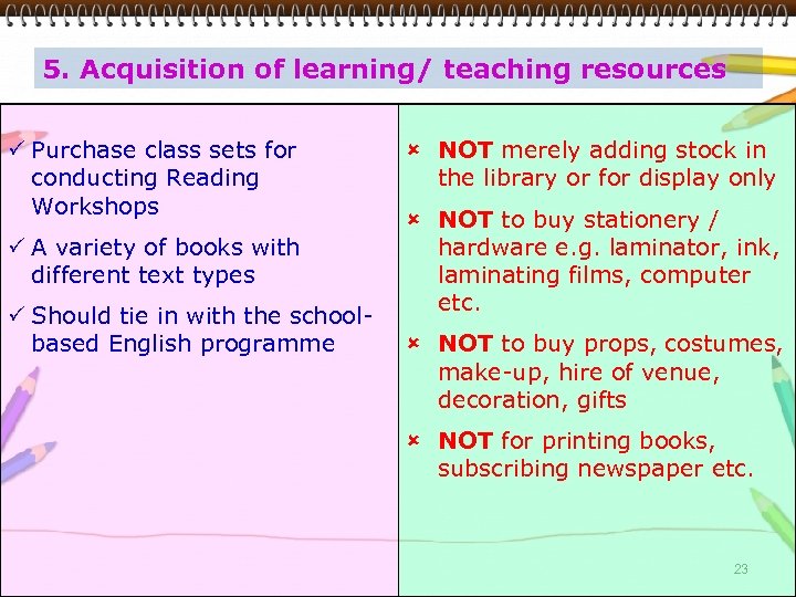 5. Acquisition of learning/ teaching resources P Purchase class sets for conducting Reading Workshops