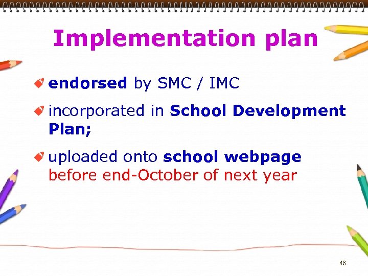 Implementation plan endorsed by SMC / IMC incorporated in School Development Plan; uploaded onto