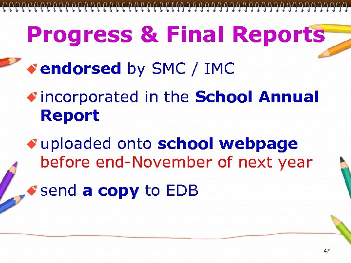 Progress & Final Reports endorsed by SMC / IMC incorporated in the School Annual