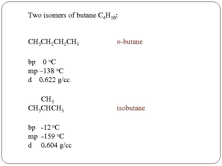 Two isomers of butane C 4 H 10: CH 3 CH 2 CH 3