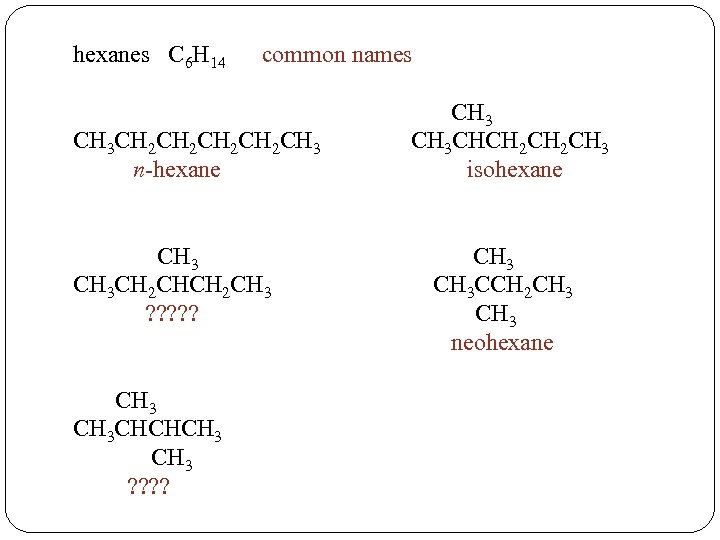 hexanes C 6 H 14 common names CH 3 CH 2 CH 2 CH