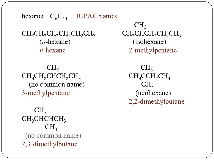 hexanes C 6 H 14 IUPAC names CH 3 CH 2 CH 2 CH