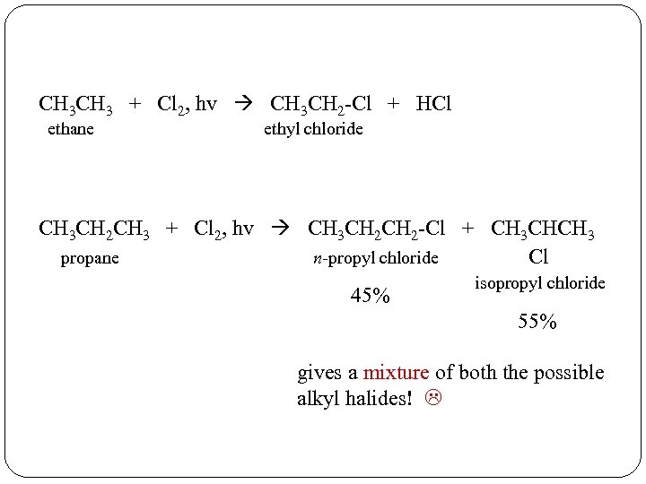 CH 3 + Cl 2, hv CH 3 CH 2 -Cl + HCl ethane