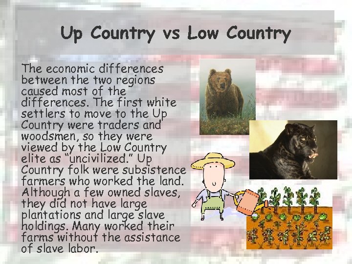 Up Country vs Low Country The economic differences between the two regions caused most