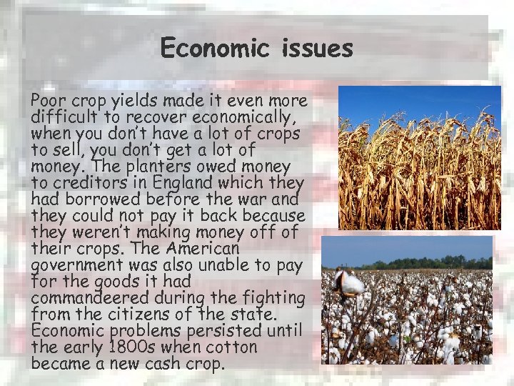 Economic issues Poor crop yields made it even more difficult to recover economically, when