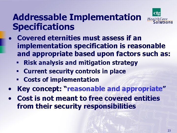 Addressable Implementation Specifications · Covered eternities must assess if an implementation specification is reasonable