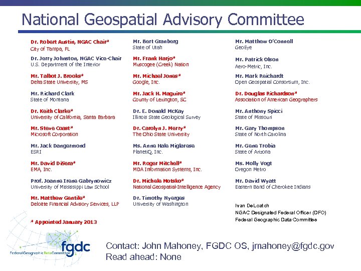 National Geospatial Advisory Committee Dr. Robert Austin, NGAC Chair* City of Tampa, FL Mr.