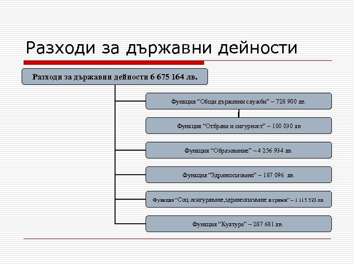 Разходи за държавни дейности 6 675 164 лв. Функция “Общи държавни служби” – 728
