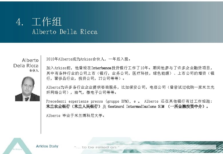 4. 作组 Alberto Della Ricca 合伙人 2010年Alberto成为Arkios合伙人，一年后入股。 加入Arkios前，他曾经在Interbanca投资银行 作了10年。期间他参与了许多企业融资项目， 其中有各种行业的公司上市（银行，业务公司，医疗科技，绿色能源）、上市公司的增资（银 行，奢侈品行业，投资公司，IT公司等等）。 Alberto为许多各行业企业提供咨询服务，比如保安公司，电信公司（曾尝试过收购一家米兰光 纤网络公司），油气，微电子公司等等。 Precedenti