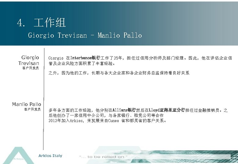 4. 作组 Giorgio Trevisan - Manlio Pallo Giorgio Trevisan Giorgio 在Interbanca银行 作了25年，担任过信用分析师及部门经理。因此，他在评估企业信 誉及企业风险方面积累了丰富经验。 客户开发员