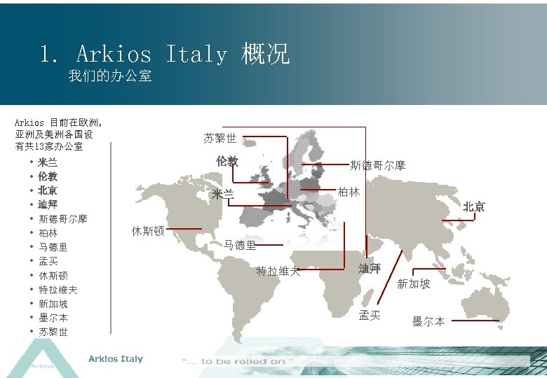 1. Arkios Italy 概况 我们的办公室 Arkios 目前在欧洲， 亚洲及美洲各国设 有共 13家办公室 • • • •