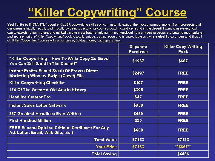“Killer Copywriting” Course Yes! I’d like to INSTANTLY acquire KILLER copywriting skills so I