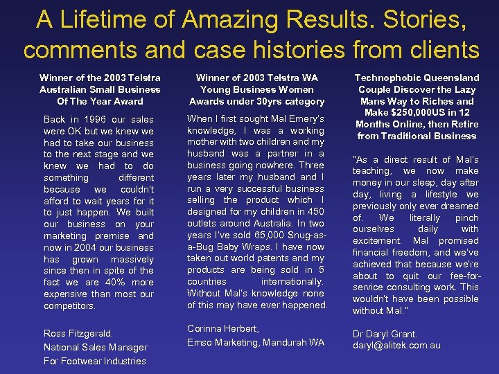 A Lifetime of Amazing Results. Stories, comments and case histories from clients Winner of