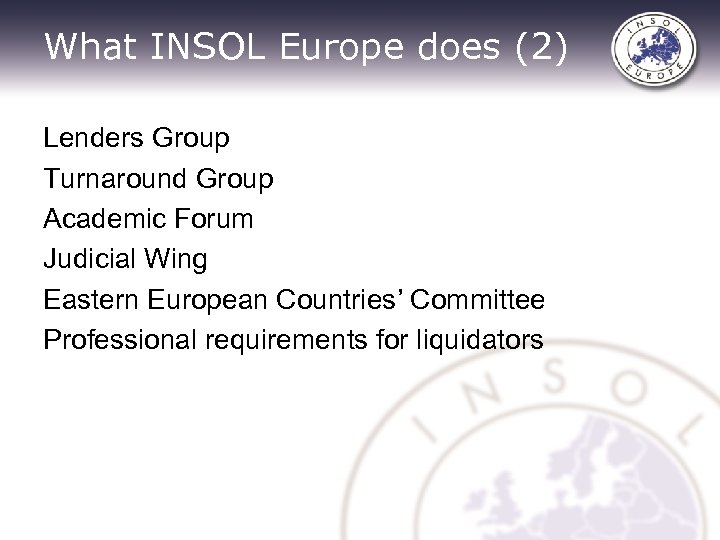What INSOL Europe does (2) Lenders Group Turnaround Group Academic Forum Judicial Wing Eastern