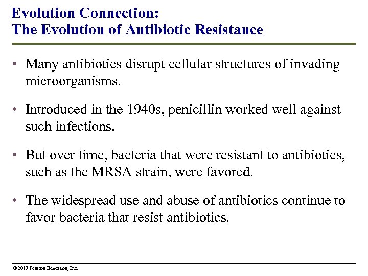 Evolution Connection: The Evolution of Antibiotic Resistance • Many antibiotics disrupt cellular structures of
