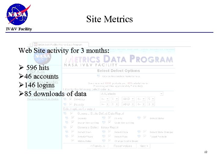 Site Metrics IV&V Facility Web Site activity for 3 months: Ø 596 hits Ø