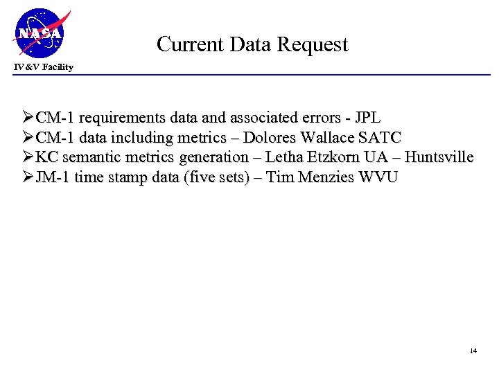 Current Data Request IV&V Facility ØCM-1 requirements data and associated errors - JPL ØCM-1