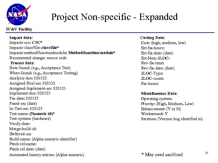 Project Non-specific - Expanded IV&V Facility Impact data: Impacts-csc: CSC* Impacts-class/file: class/file* Impacts-method/function/module: Method/function/module*
