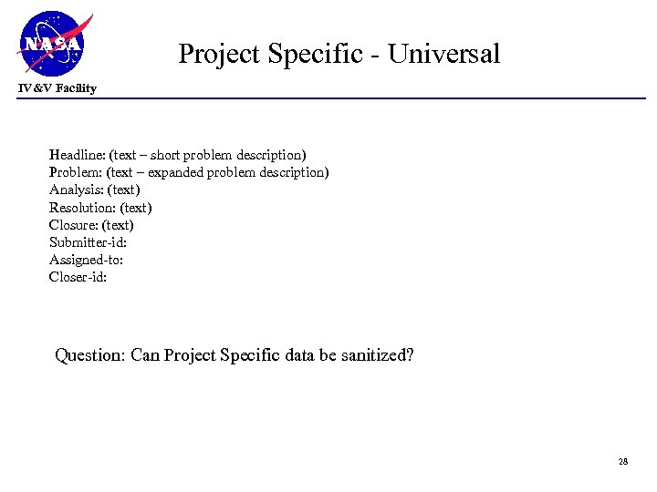 Project Specific - Universal IV&V Facility Headline: (text – short problem description) Problem: (text