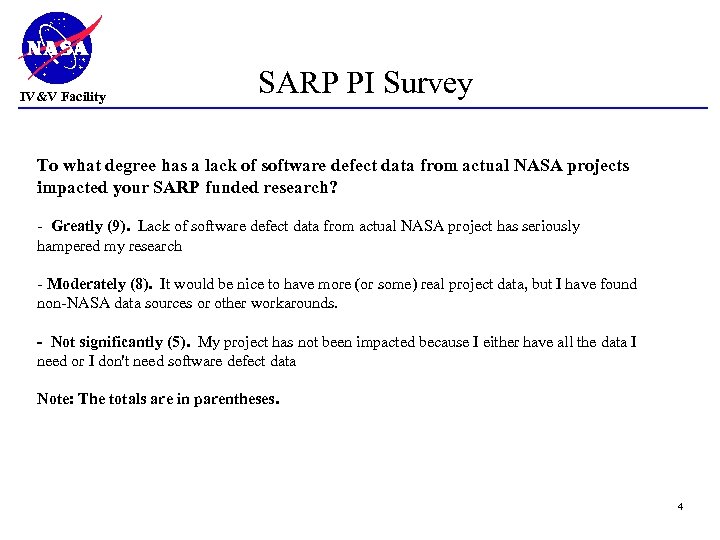 IV&V Facility SARP PI Survey To what degree has a lack of software defect