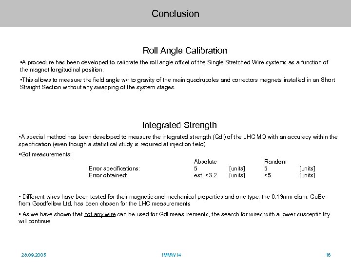 Conclusion Roll Angle Calibration • A procedure has been developed to calibrate the roll