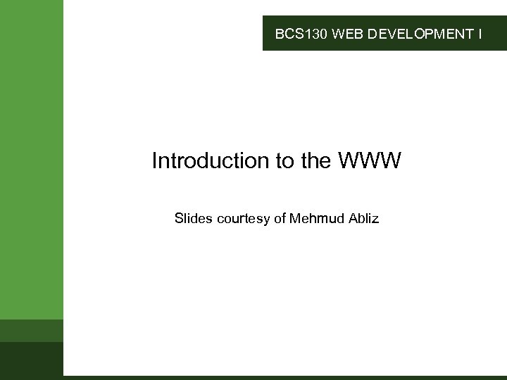 BCS 130 WEB DEVELOPMENT I Introduction to the WWW Slides courtesy of Mehmud Abliz