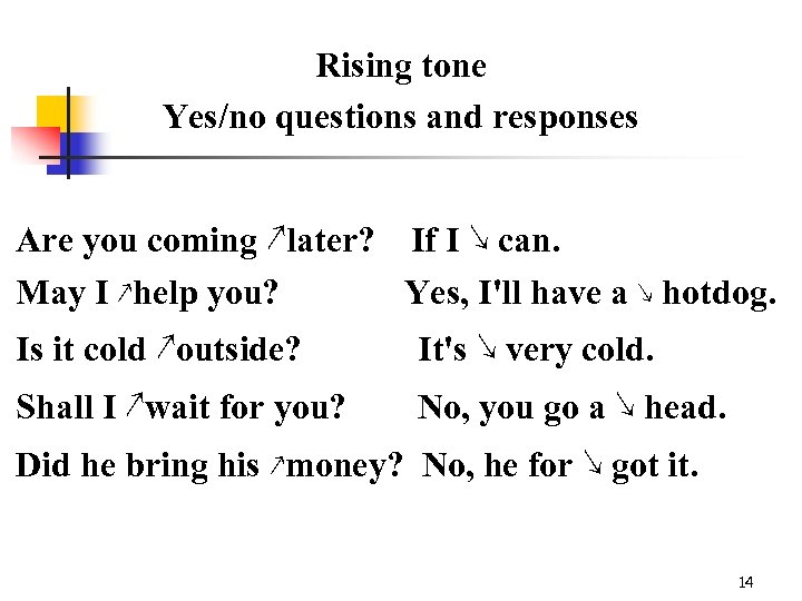 Rising tone Yes/no questions and responses n Are you coming ↗later? If I ↘